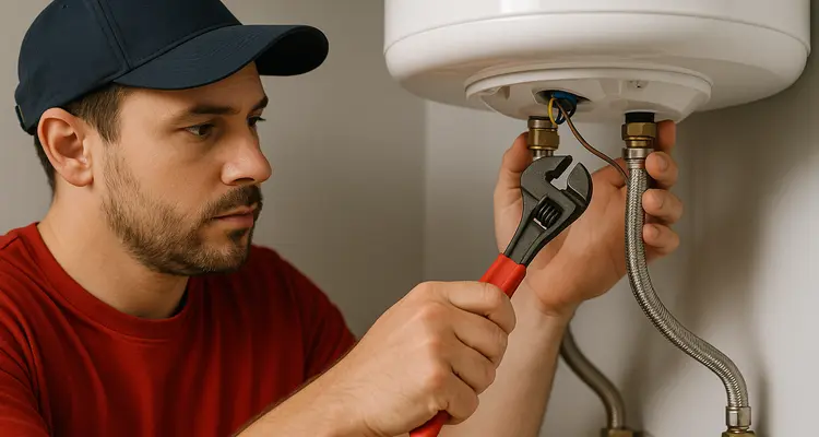 A male plumbing technician tightening a water heater connection from The Leander Plumber - Company in Leander, TX - clogged toilet service
