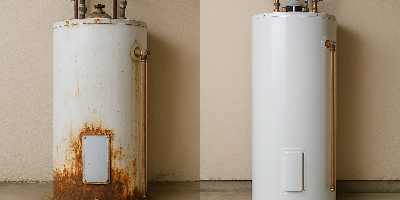 One rusted water heater next to a brand new water heater from The Leander Plumber - Company in Leander, TX - drain cleaning services