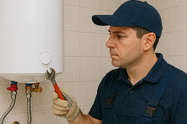 A male plumber working on a water heater hanging from the wall from The Leander Plumber - Company in Leander, TX - drain cleaning services