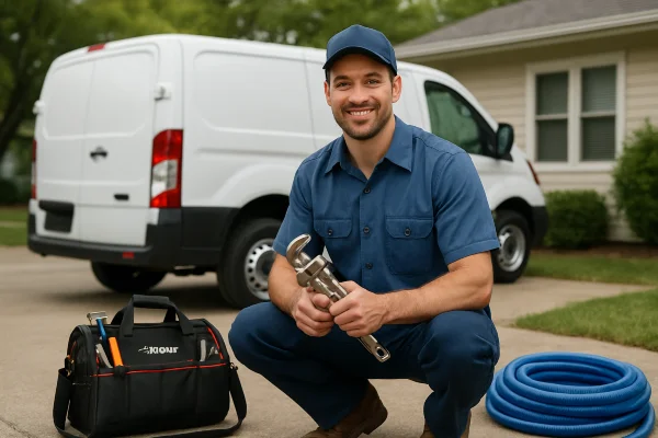 A male plumber smiling and posing to the camera from The Leander Plumber - Company in Leander, TX - drain cleaning services