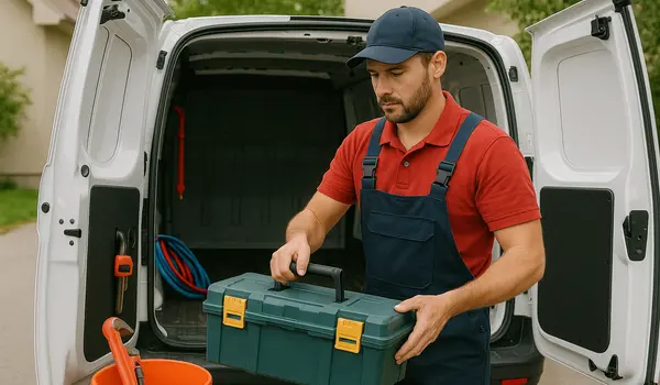 A plumbing technician putting his tool box back in his van from The Leander Plumber - Company in Leander, TX - Emergency plumbing services