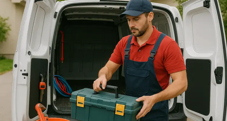 A plumbing technician putting his tool box back in his van from The Leander Plumber - Company in Leander, TX - Emergency plumbing services