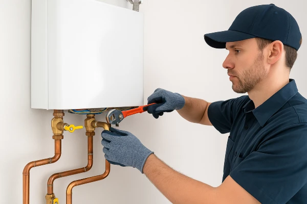 A plumber working on a tankless water heater from The Leander Plumber - Company in Leander, TX - Emergency plumbing services A plumber working on a tankless water heater from The Leander Plumber - Company in Leander, TX - Emergency plumbing services