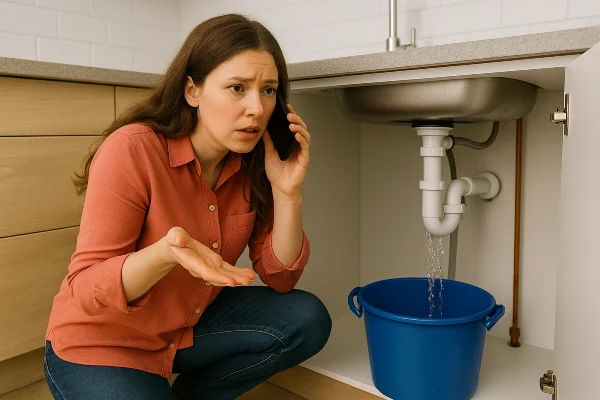 A woman on the phone with a water leak problem underneath the kitchen sink from The Leander Plumber - Company in Leander, TX - Emergency plumbing services A woman on the phone with a water leak problem underneath the kitchen sink from The Leander Plumber - Company in Leander, TX - Emergency plumbing services