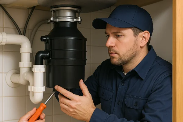 A technician working on a garbage disposal from The Leander Plumber - Company in Leander, TX - Faucet replacement A technician working on a garbage disposal from The Leander Plumber - Company in Leander, TX - Faucet replacement