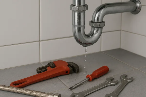 A sink water leak and plumbing tools on the floor from The Leander Plumber - Company in Leander, TX - Faucet replacement A sink water leak and plumbing tools on the floor from The Leander Plumber - Company in Leander, TX - Faucet replacement