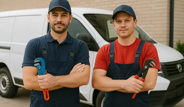 2 male plumbers looking at the camera from The Leander Plumber - Company in Leander, TX - gas line installation