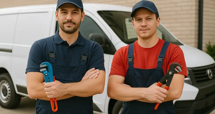 2 male plumbers looking at the camera from The Leander Plumber - Company in Leander, TX - gas line installation
