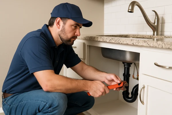 A male plumber checking a kitchen sink pipe connection from The Leander Plumber - Company in Leander, TX - gas line installation A male plumber checking a kitchen sink pipe connection from The Leander Plumber - Company in Leander, TX - gas line installation