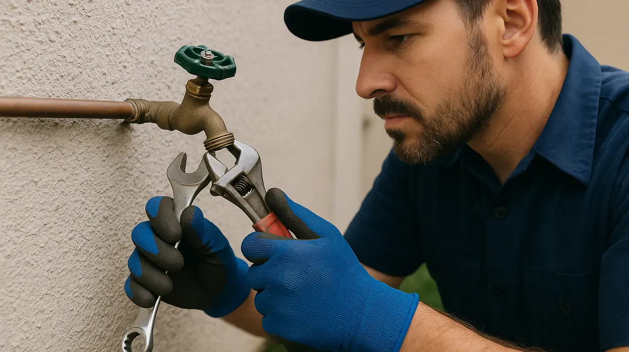 A male plumber fixing an outdoor faucet from The Leander Plumber - Company in Leander, TX - grease trap cleaning
