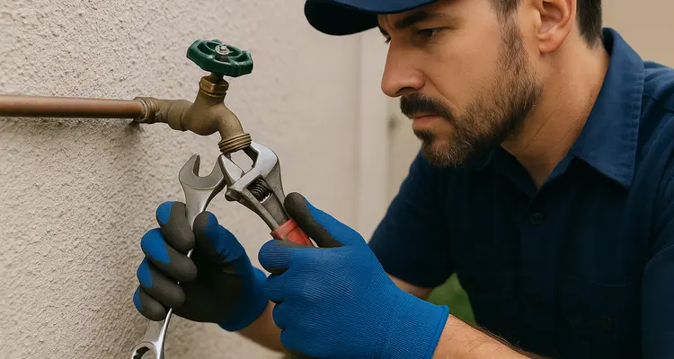 A male plumber fixing an outdoor faucet from The Leander Plumber - Company in Leander, TX - grease trap cleaning