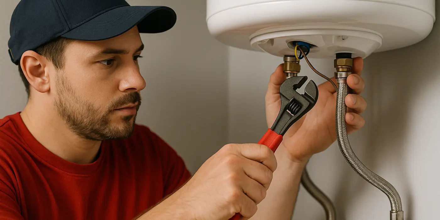 A male plumbing technician tightening a water heater connection from The Leander Plumber - Company in Leander, TX - leak detection services A male plumbing technician tightening a water heater connection from The Leander Plumber - Company in Leander, TX - leak detection services