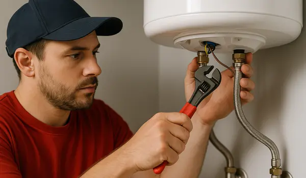A male plumbing technician tightening a water heater connection from The Leander Plumber - Company in Leander, TX - leak detection services