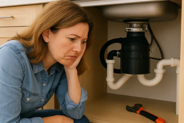 A sad woman looking a broken garbage disposal from The Leander Plumber - Company in Leander, TX - leak detection services A sad woman looking a broken garbage disposal from The Leander Plumber - Company in Leander, TX - leak detection services