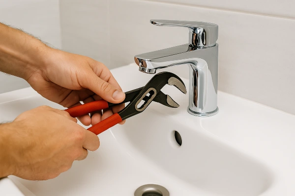 A technician fixing bathroom a water faucet from The Leander Plumber - Company in Leander, TX - leak detection services A technician fixing bathroom a water faucet from The Leander Plumber - Company in Leander, TX - leak detection services