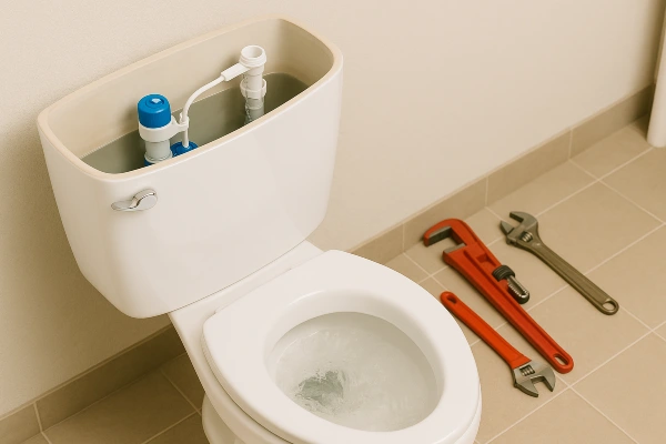 A toilet with some plumbing tools laying next to it on the floor from The Leander Plumber - Company in Leander, TX - leak detection services A toilet with some plumbing tools laying next to it on the floor from The Leander Plumber - Company in Leander, TX - leak detection services