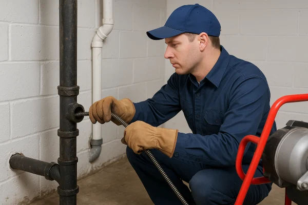 A plumber using a snake to clear a plumbing pipe from The Leander Plumber - Company in Liberty Hill, TX - Liberty Hill TX A plumber using a snake to clear a plumbing pipe from The Leander Plumber - Company in Liberty Hill, TX - Liberty Hill TX