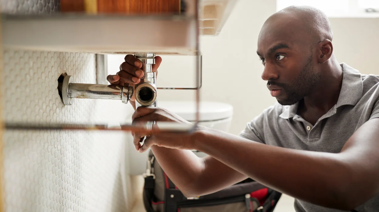 a male plumber fixing a pipe connection from The Leander Plumber - Company in Leander, TX - Plumber near me