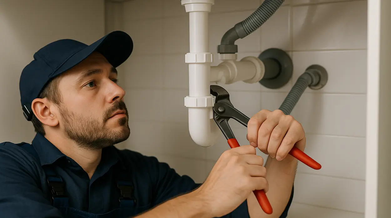 A male plumbing technician tightening a sink pipe from The Leander Plumber - Company in Leander, TX - plumbing pipes replacement