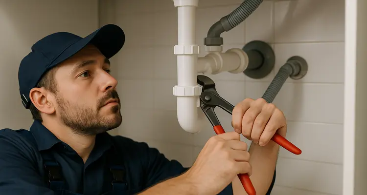 A male plumbing technician tightening a sink pipe from The Leander Plumber - Company in Leander, TX - plumbing pipes replacement