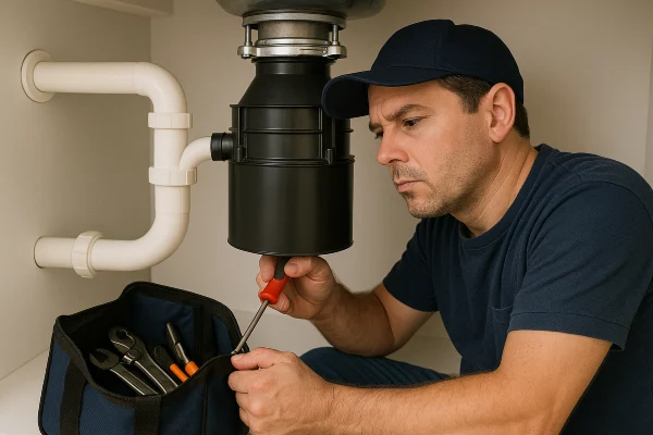 A male plumbing technician fixing a garbage disposal from The Leander Plumber - Company in Leander, TX - plumbing pipes replacement