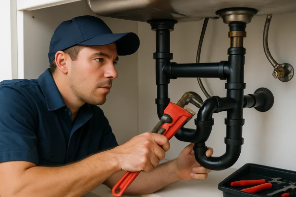 A male plumber fixing a sink pipe from The Leander Plumber - Company in Leander, TX - plumbing pipes replacement
