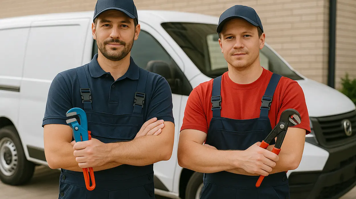 2 male plumbers looking at the camera from The Leander Plumber - Company in Leander, TX - residential sewer line repair