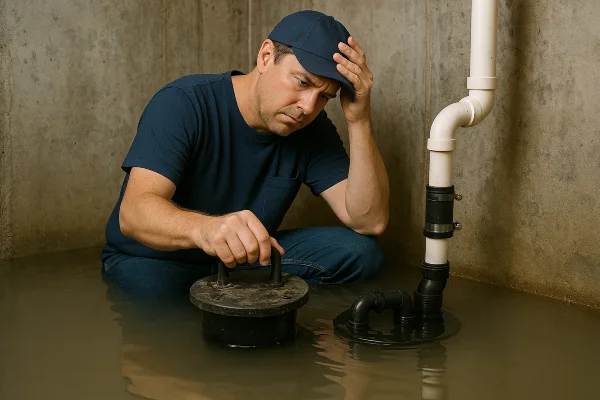 A worried plumber in a flooded room from The Leander Plumber - Company in Leander, TX - residential sewer line repair A worried plumber in a flooded room from The Leander Plumber - Company in Leander, TX - residential sewer line repair