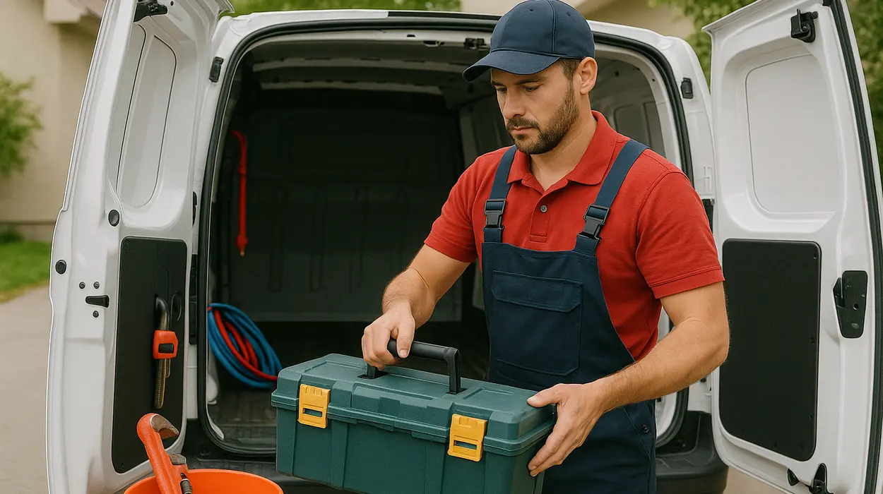 A plumbing technician putting his tool box back in his van from The Leander Plumber - Company in Leander, TX - Slab leak repair