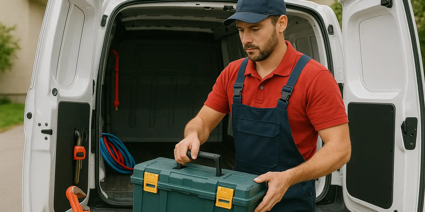 A plumbing technician putting his tool box back in his van from The Leander Plumber - Company in Leander, TX - Slab leak repair A plumbing technician putting his tool box back in his van from The Leander Plumber - Company in Leander, TX - Slab leak repair