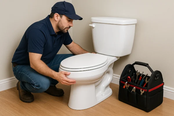 A plumber checking a toilet from The Leander Plumber - Company in Leander, TX - Slab leak repair A plumber checking a toilet from The Leander Plumber - Company in Leander, TX - Slab leak repair