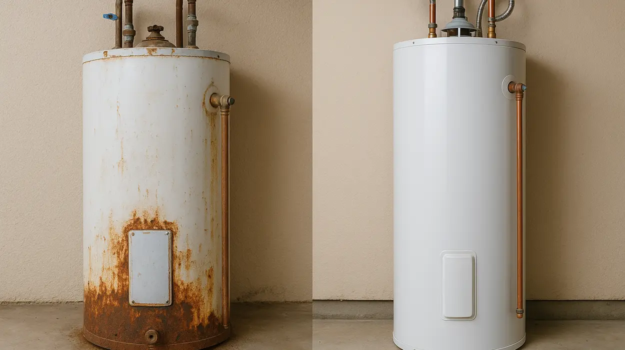 One rusted water heater next to a brand new water heater from The Leander Plumber - Company in Leander, TX - sump pump installation