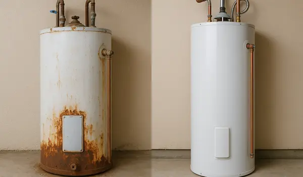 One rusted water heater next to a brand new water heater from The Leander Plumber - Company in Leander, TX - sump pump installation