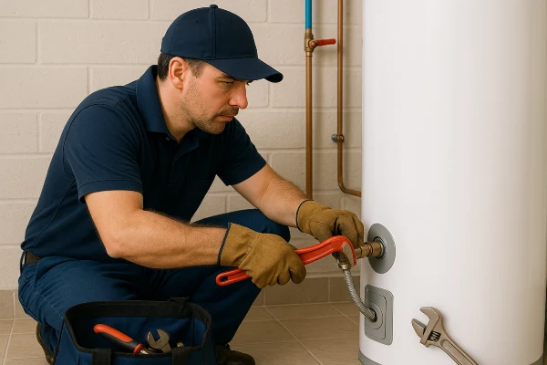 A male plumber working on a water heater connection from The Leander Plumber - Company in Leander, TX - sump pump installation A male plumber working on a water heater connection from The Leander Plumber - Company in Leander, TX - sump pump installation