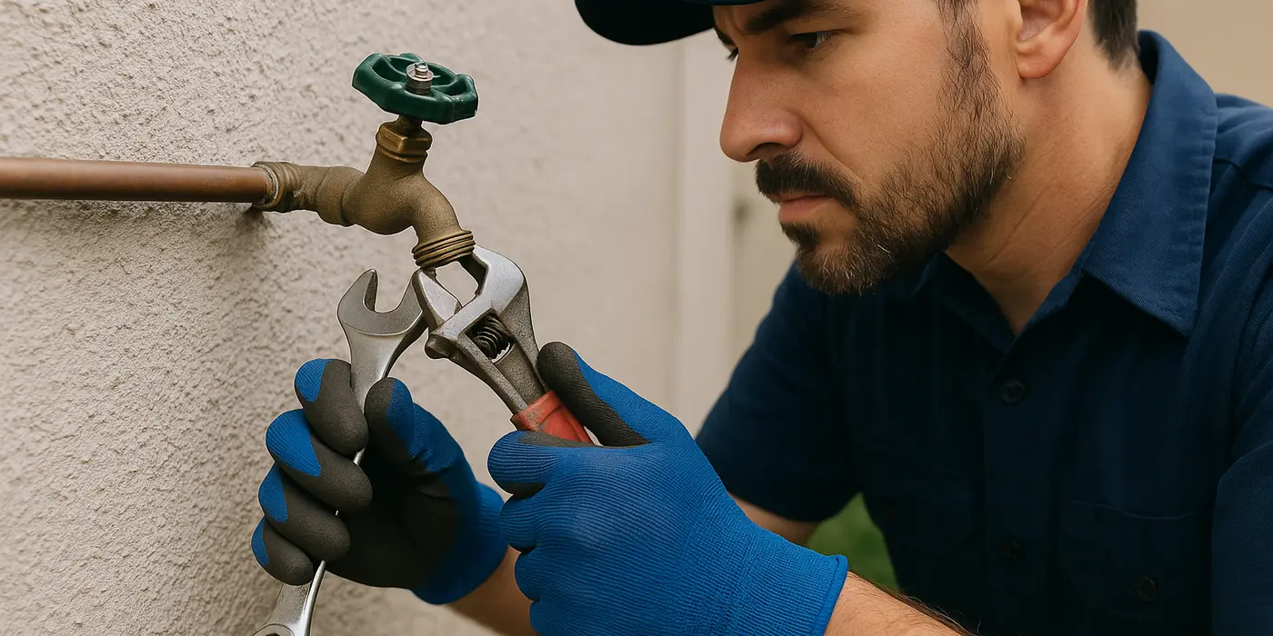 A male plumber fixing an outdoor faucet from The Leander Plumber - Company in Leander, TX - tankless water heater installation A male plumber fixing an outdoor faucet from The Leander Plumber - Company in Leander, TX - tankless water heater installation