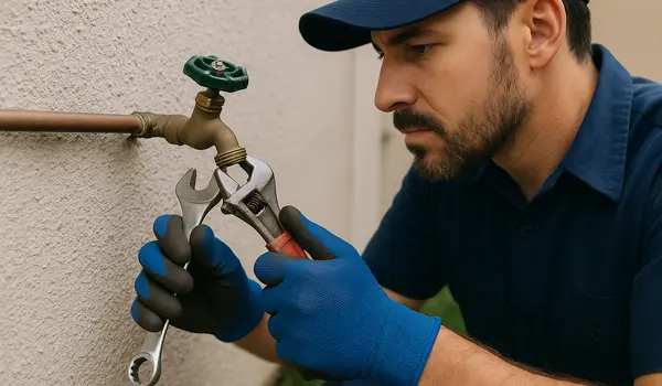 A male plumber fixing an outdoor faucet from The Leander Plumber - Company in Leander, TX - tankless water heater installation