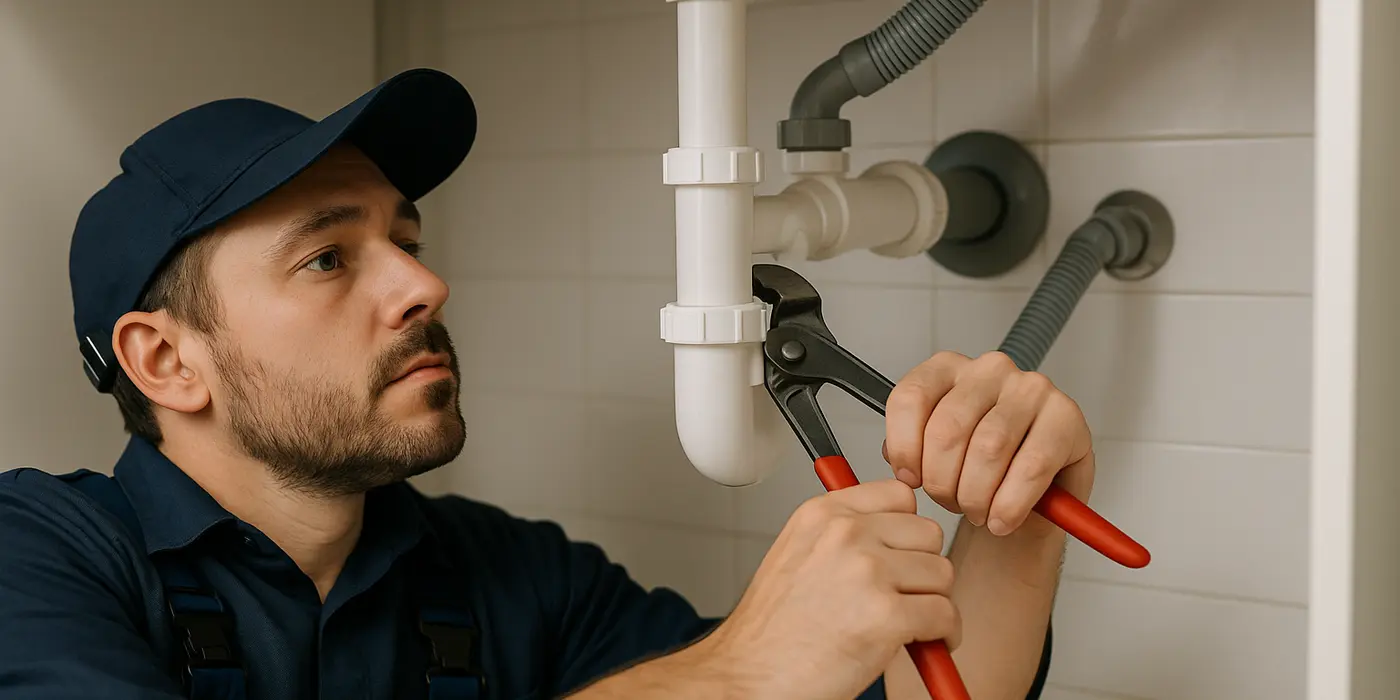 A male plumbing technician tightening a sink pipe from The Leander Plumber - Company in Leander, TX - water softener installation A male plumbing technician tightening a sink pipe from The Leander Plumber - Company in Leander, TX - water softener installation