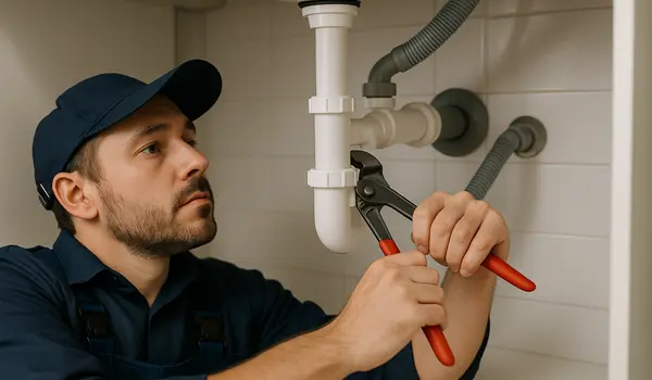 A male plumbing technician tightening a sink pipe from The Leander Plumber - Company in Leander, TX - water softener installation